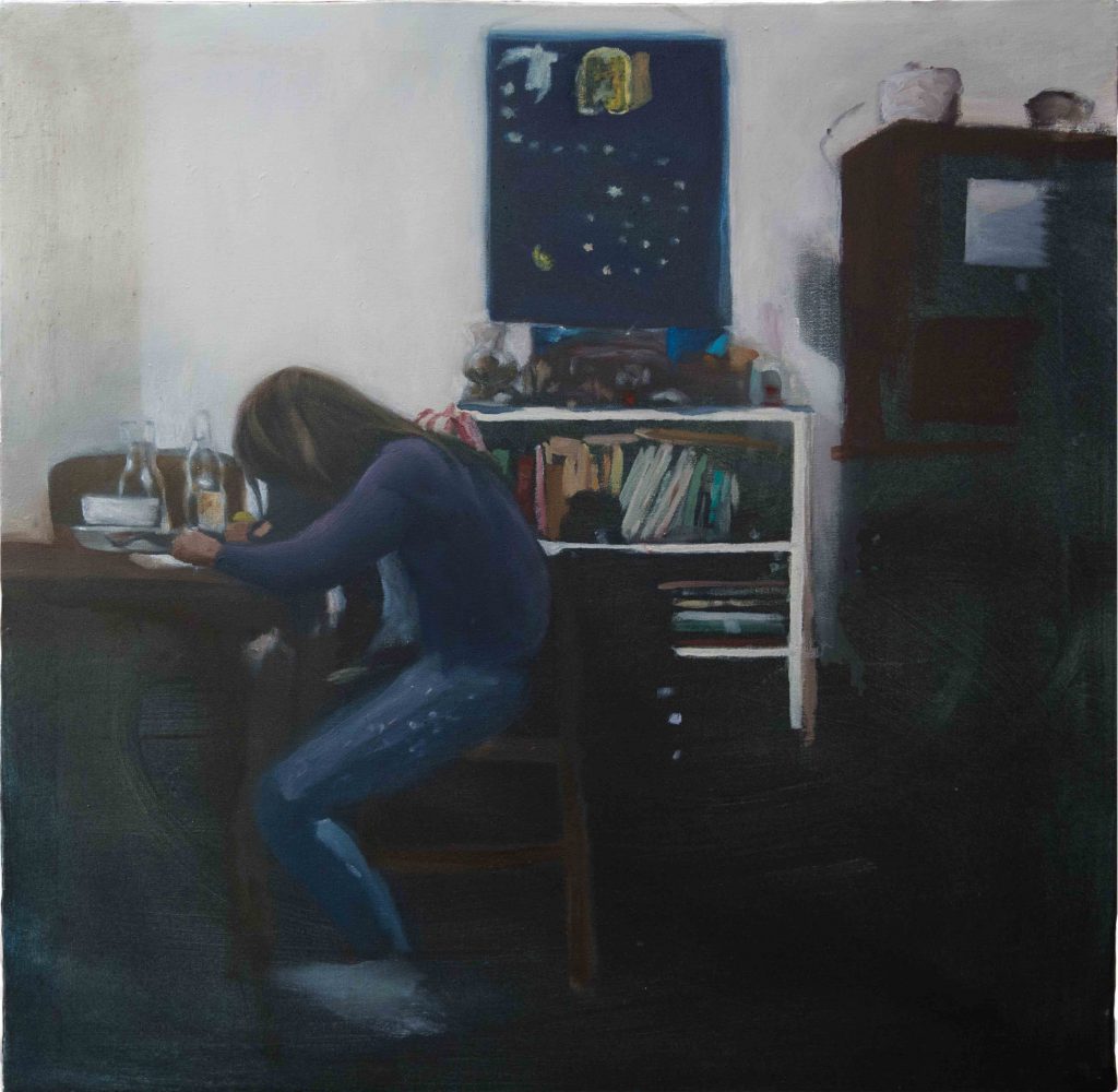 PIA AM TISCH, 2018, 60 cm x 55 cm, Öl auf Leinwand