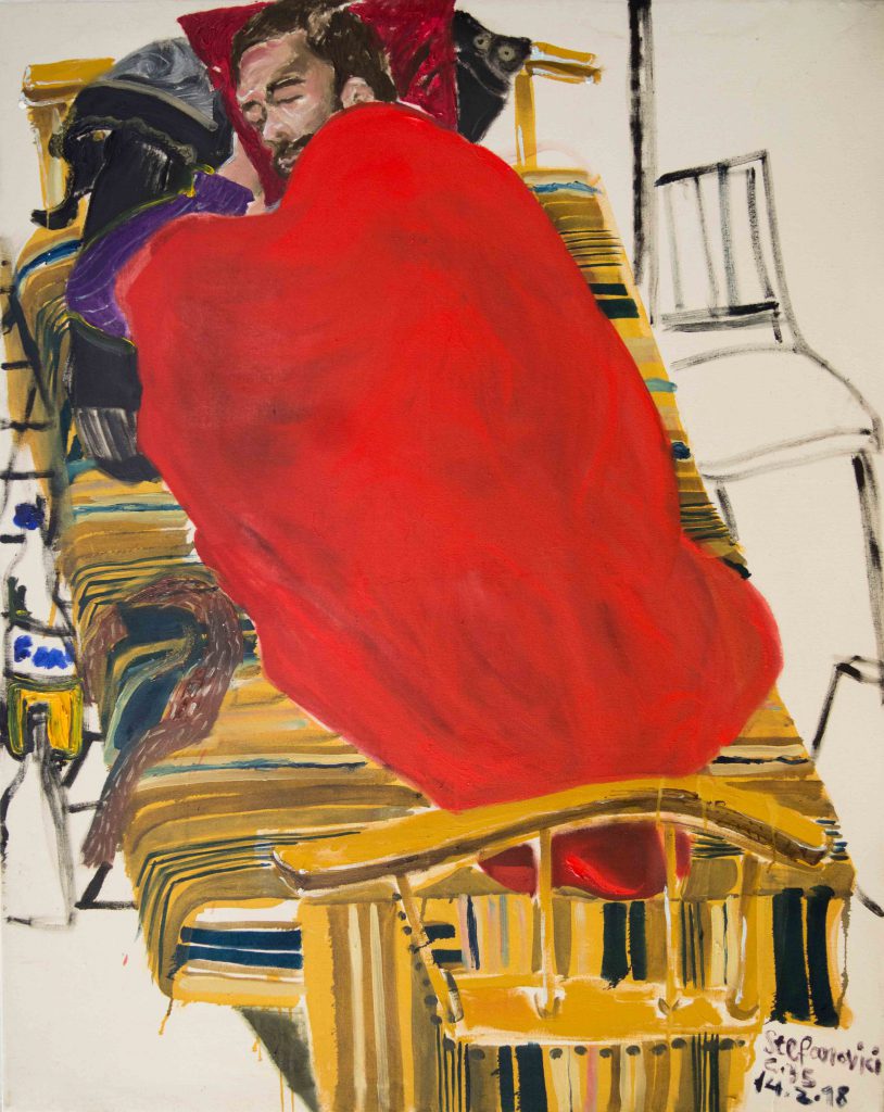 Bene unter roter Decke, 2018, 150 cm x 120 cm, Öl auf Leinwand