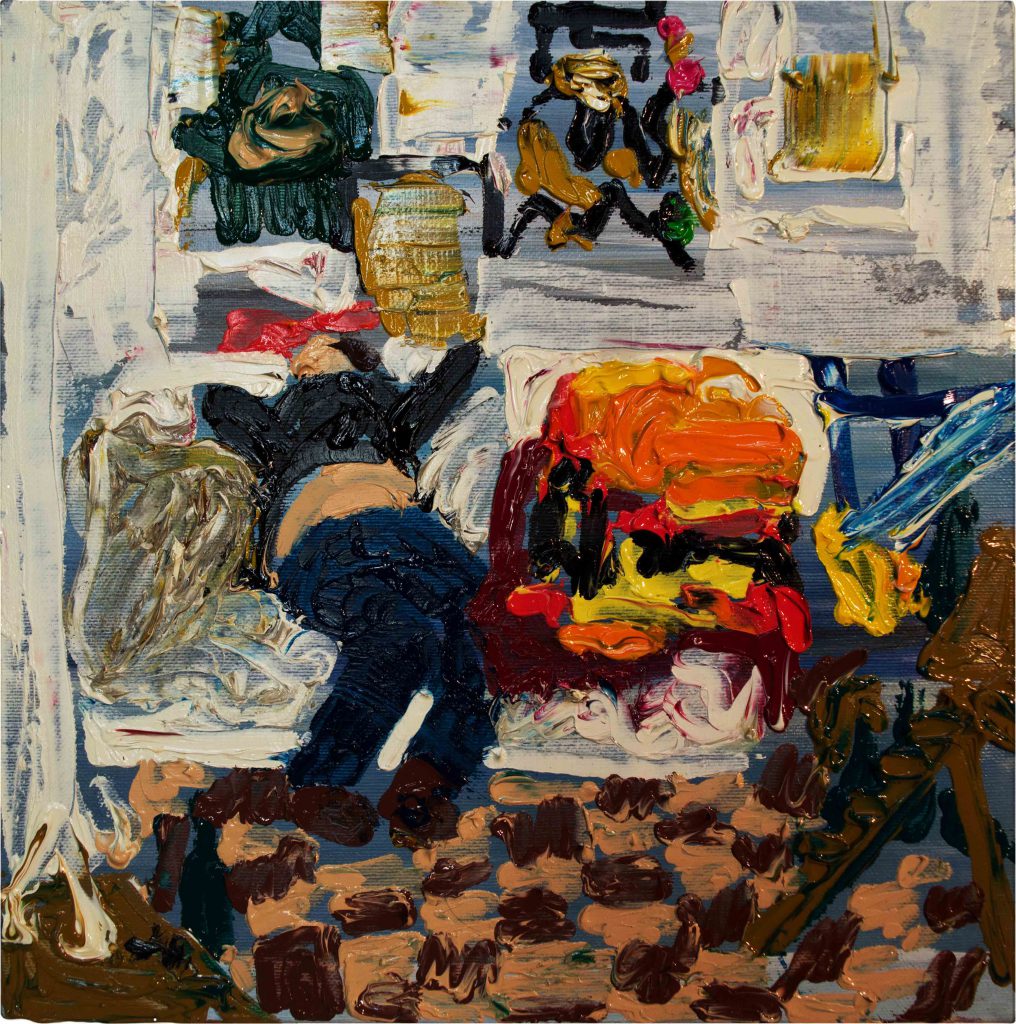 Schlafender im Atelier I, 2018, 45 cm x 40 cm, Öl auf Leinwand