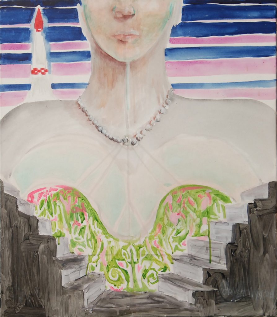 Frauengestallt und Raketenstart, 2012, 80 cm x 70 cm, Öl und Acryl auf Leinwand