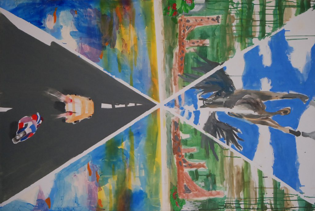 Pegasus meets road rush, 2012, 100 cm x 150 cm, Öl und Acryl auf Leinwand