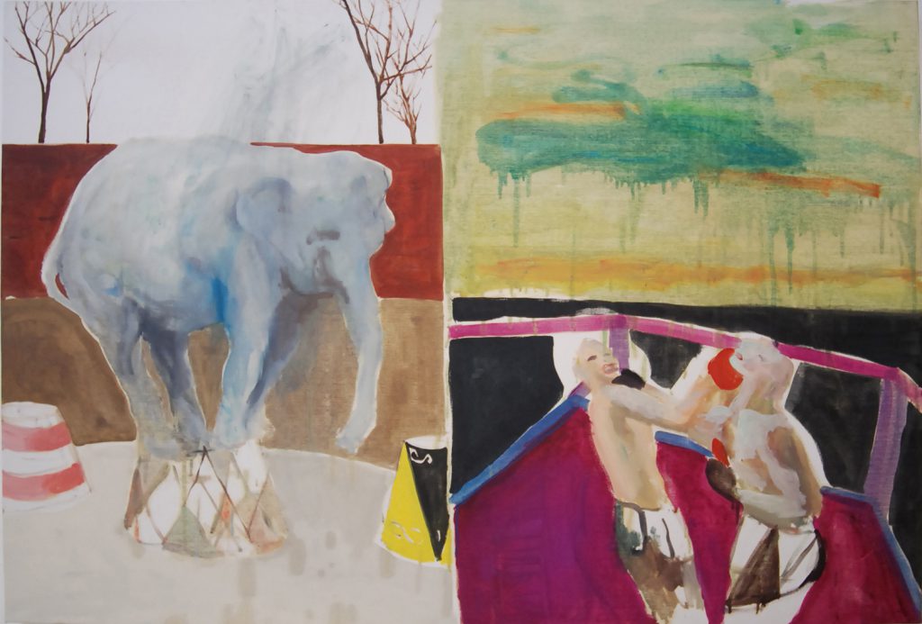 Double KO, Elefant, grüner Panzer, 2012, 100 cm x 150 cm, Öl und Acryl auf Leinwand