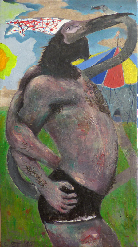Attraktion (Muskelvogel), 2011, 67 cm x 37 cm, Öl und Acryl auf Leinwand